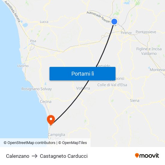 Calenzano to Castagneto Carducci map