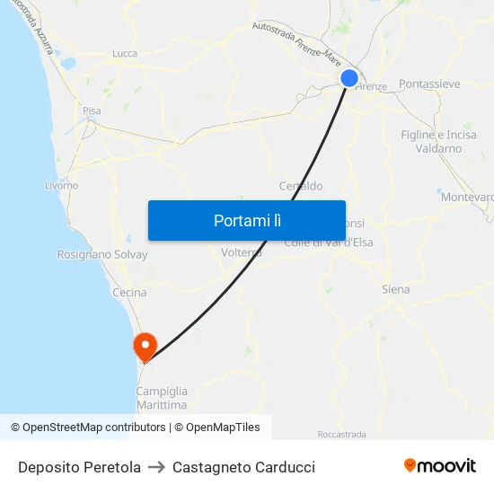 Deposito Peretola to Castagneto Carducci map