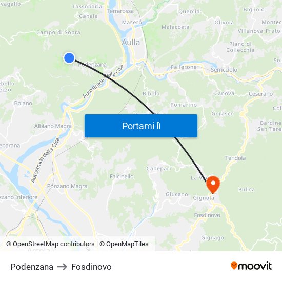 Podenzana to Fosdinovo map