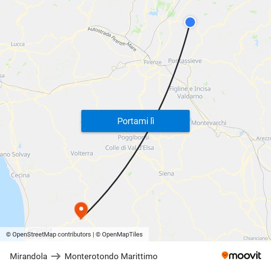 Mirandola to Monterotondo Marittimo map