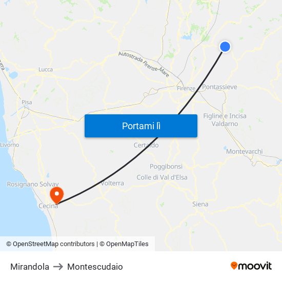 Mirandola to Montescudaio map