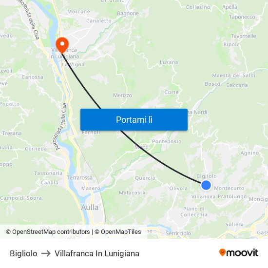 Bigliolo to Villafranca In Lunigiana map