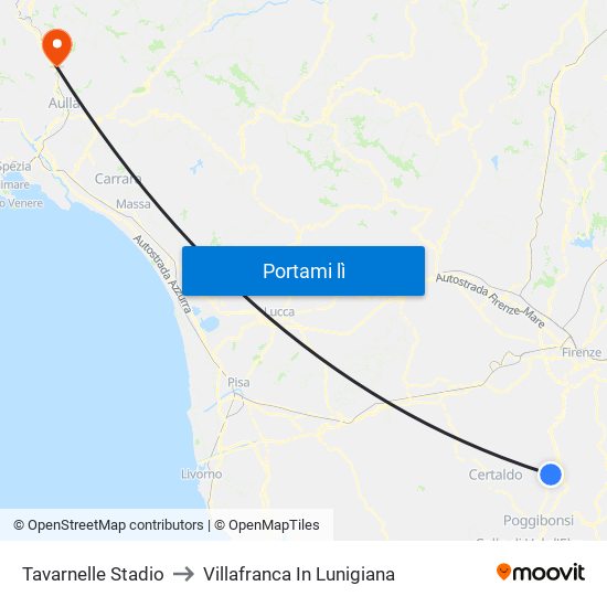 Tavarnelle Stadio to Villafranca In Lunigiana map