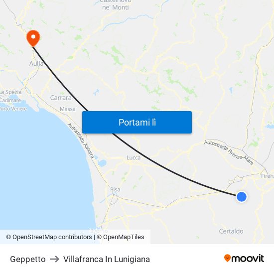 Geppetto to Villafranca In Lunigiana map