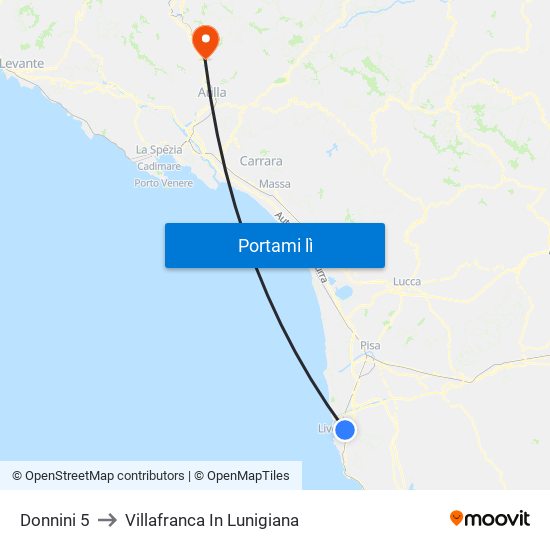 Donnini 5 to Villafranca In Lunigiana map