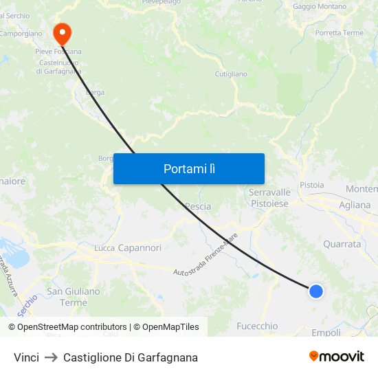 Vinci to Castiglione Di Garfagnana map