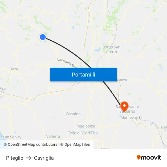 Piteglio to Cavriglia map