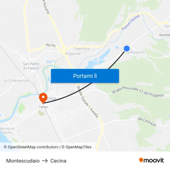 Montescudaio to Cecina map