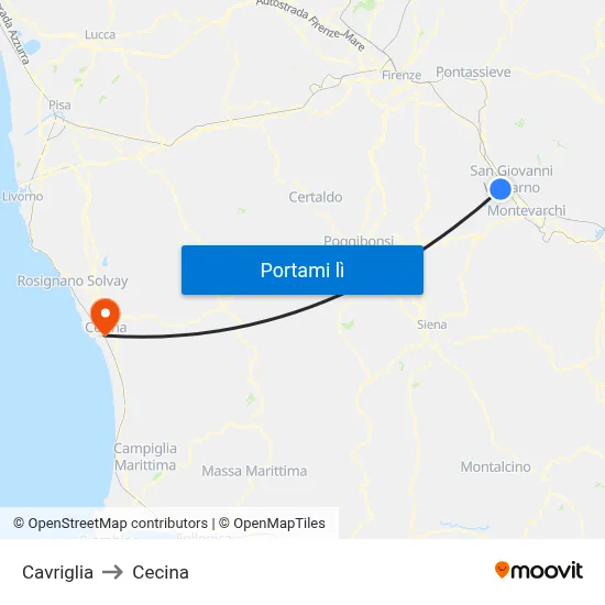 Cavriglia to Cecina map