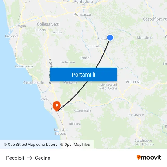 Peccioli to Cecina map