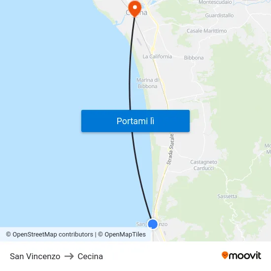 San Vincenzo to Cecina map