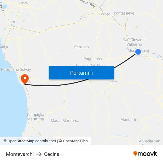 Montevarchi to Cecina map