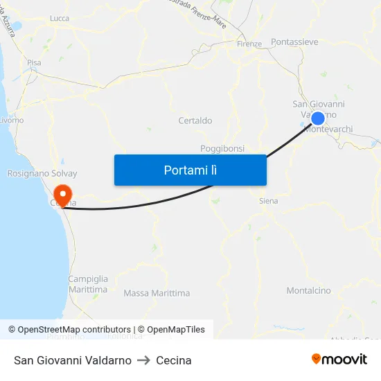 San Giovanni Valdarno to Cecina map