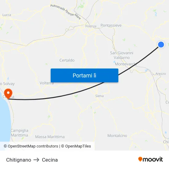Chitignano to Cecina map