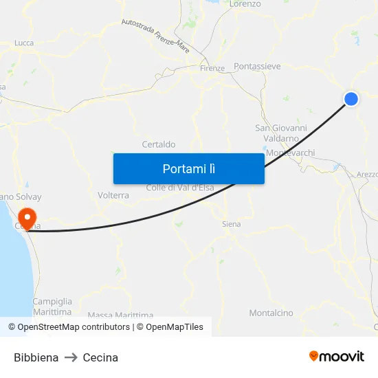 Bibbiena to Cecina map
