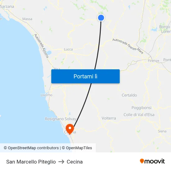 San Marcello Piteglio to Cecina map