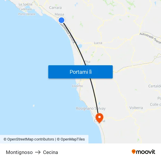 Montignoso to Cecina map