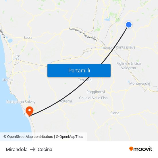 Mirandola to Cecina map