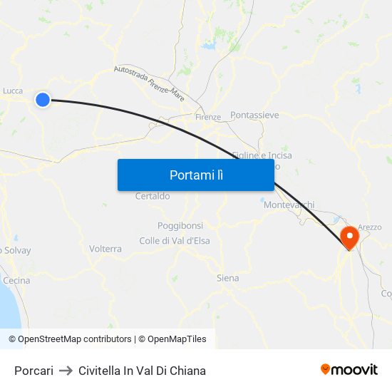 Porcari to Civitella In Val Di Chiana map