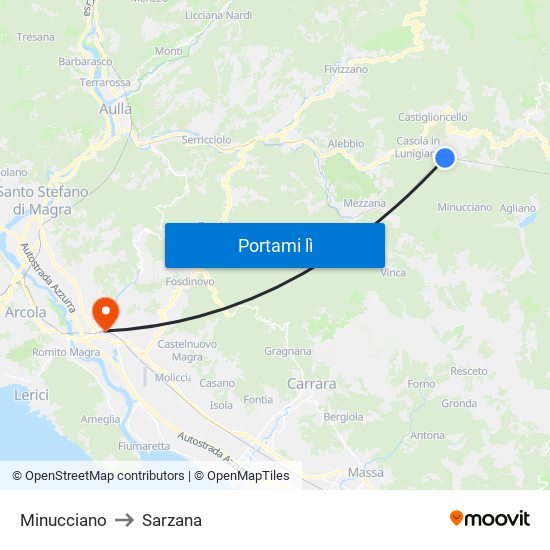 Minucciano to Sarzana map