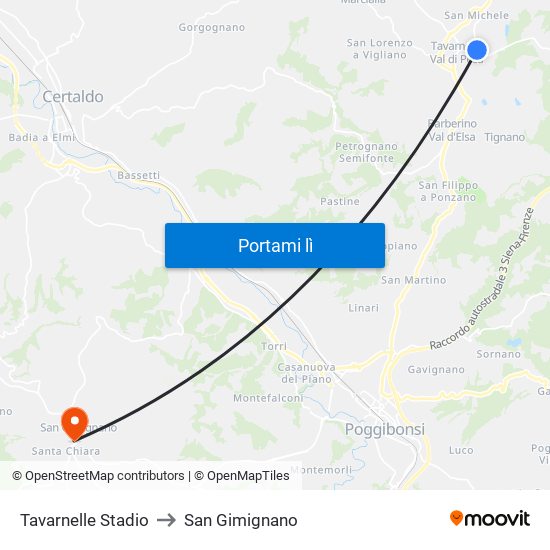Tavarnelle Stadio to San Gimignano map