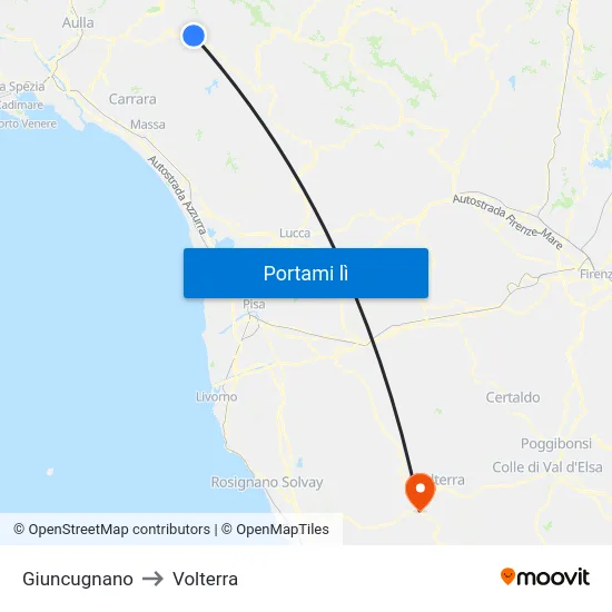 Giuncugnano to Volterra map