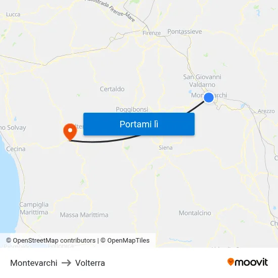 Montevarchi to Volterra map