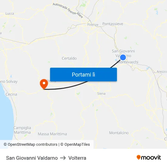 San Giovanni Valdarno to Volterra map