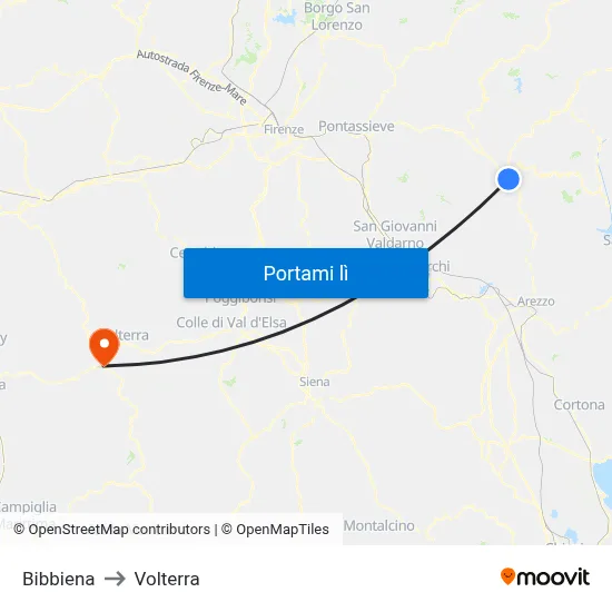 Bibbiena to Volterra map