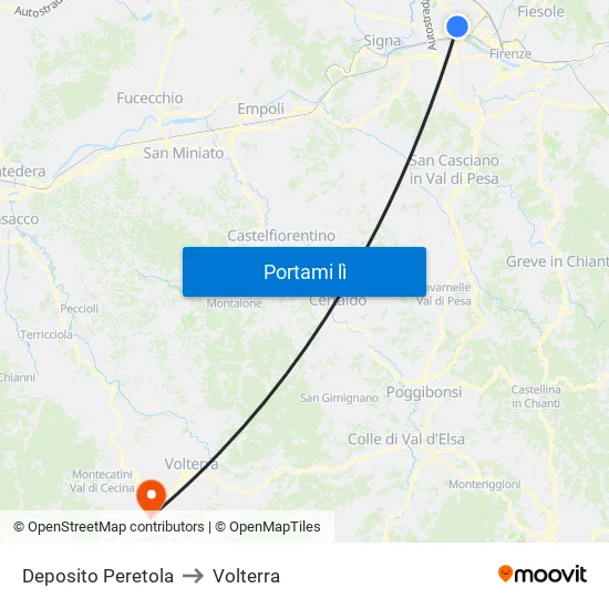 Deposito Peretola to Volterra map