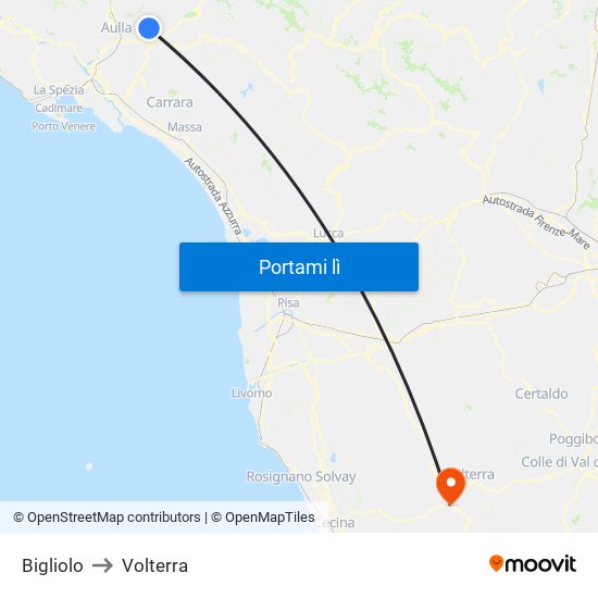 Bigliolo to Volterra map