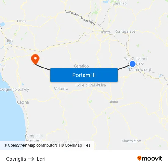 Cavriglia to Lari map