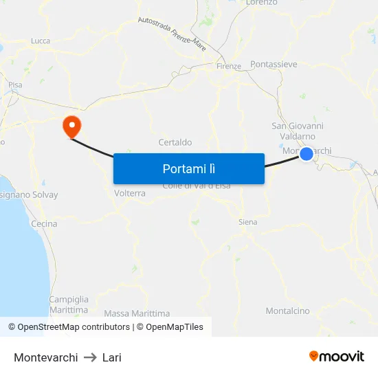 Montevarchi to Lari map