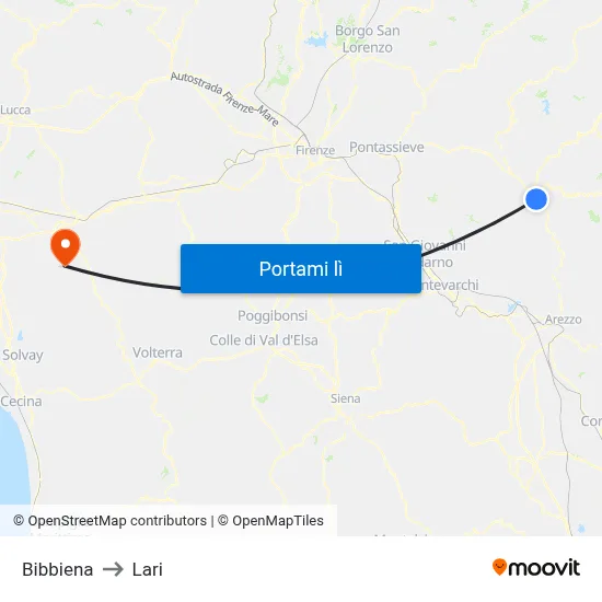 Bibbiena to Lari map