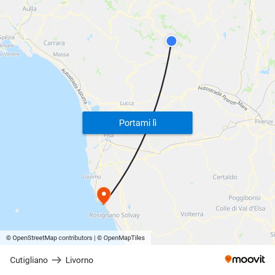 Cutigliano to Livorno map