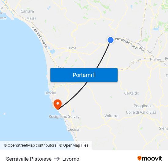 Serravalle Pistoiese to Livorno map