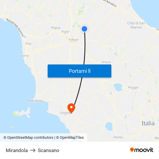 Mirandola to Scansano map