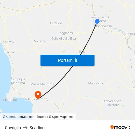 Cavriglia to Scarlino map