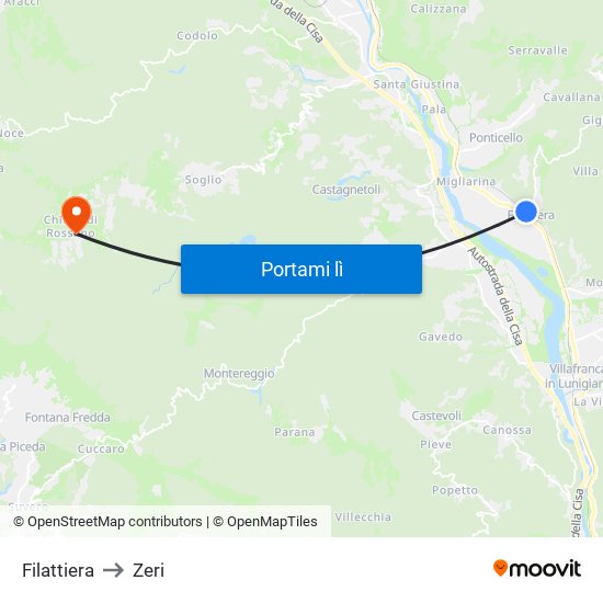 Filattiera to Zeri map