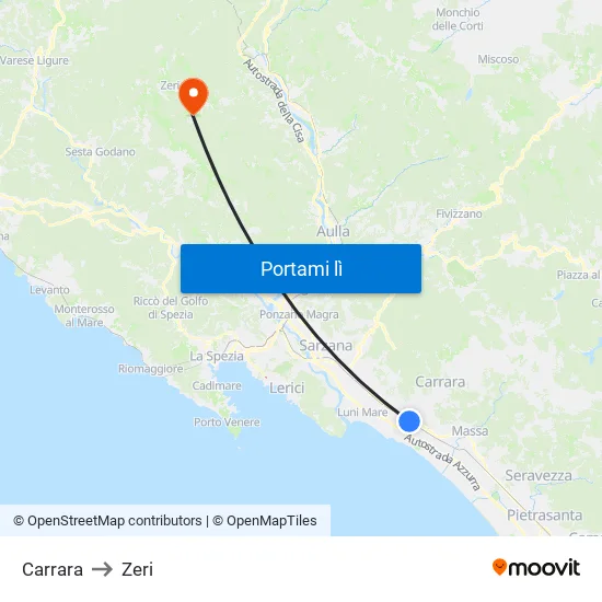 Carrara to Zeri map