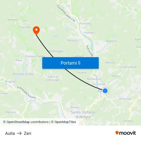 Aulla to Zeri map