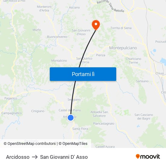 Arcidosso to San Giovanni D' Asso map