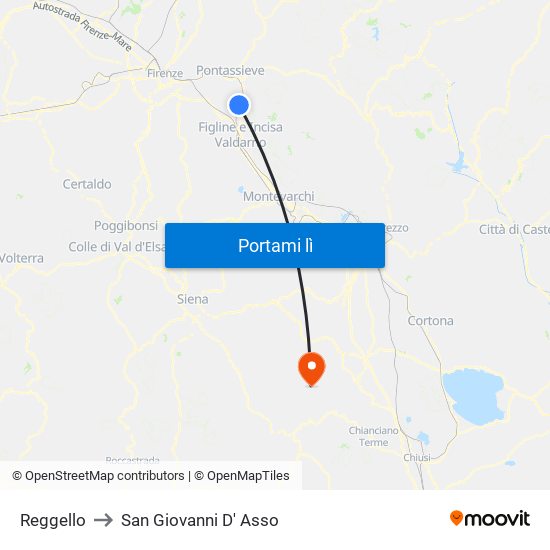 Reggello to San Giovanni D' Asso map