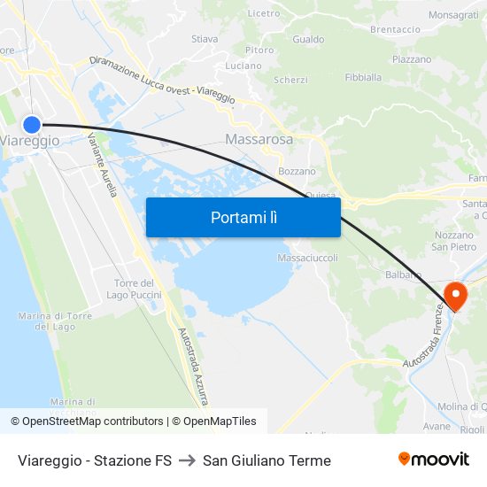 Viareggio Stazione FS to San Giuliano Terme map