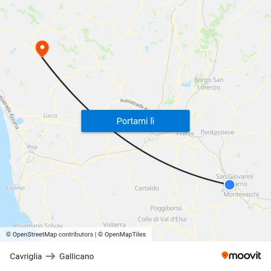 Cavriglia to Gallicano map