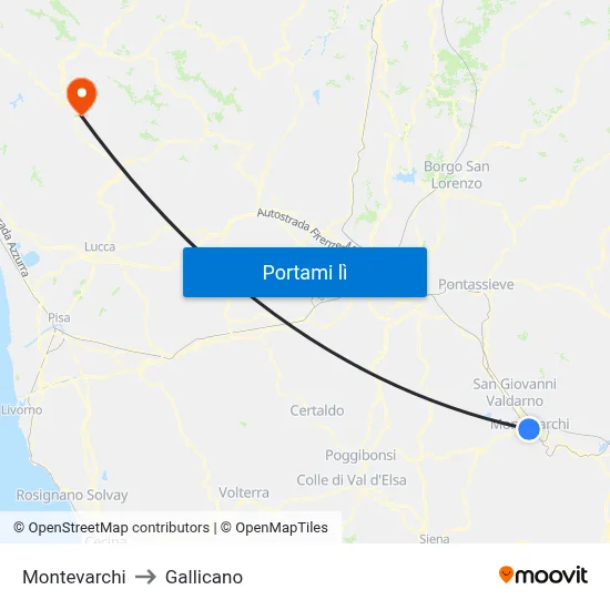 Montevarchi to Gallicano map