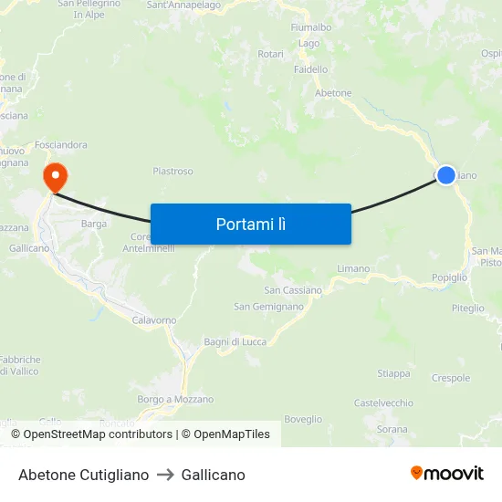 Abetone Cutigliano to Gallicano map