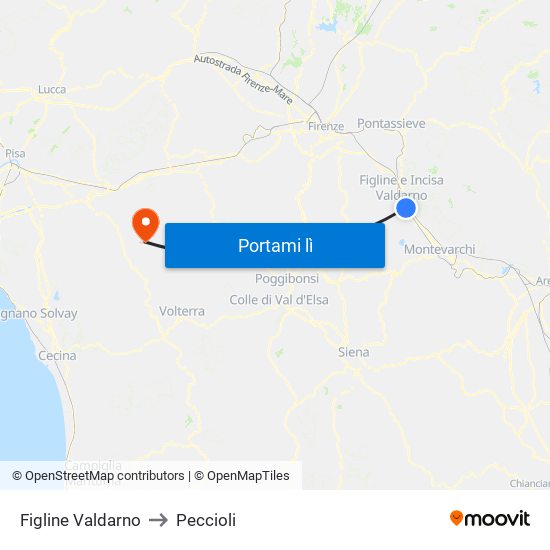Figline Valdarno to Peccioli map