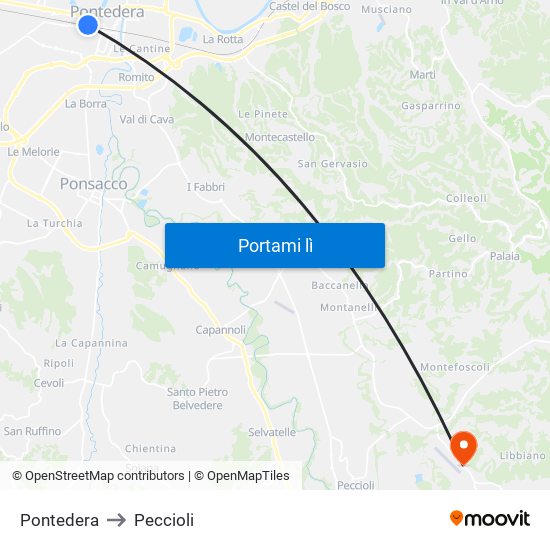 Pontedera to Peccioli map