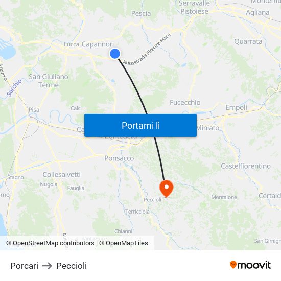 Porcari to Peccioli map